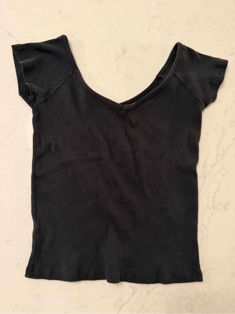 Brandy Melville Black Ribbed V-Neck Short Sleeve Tee